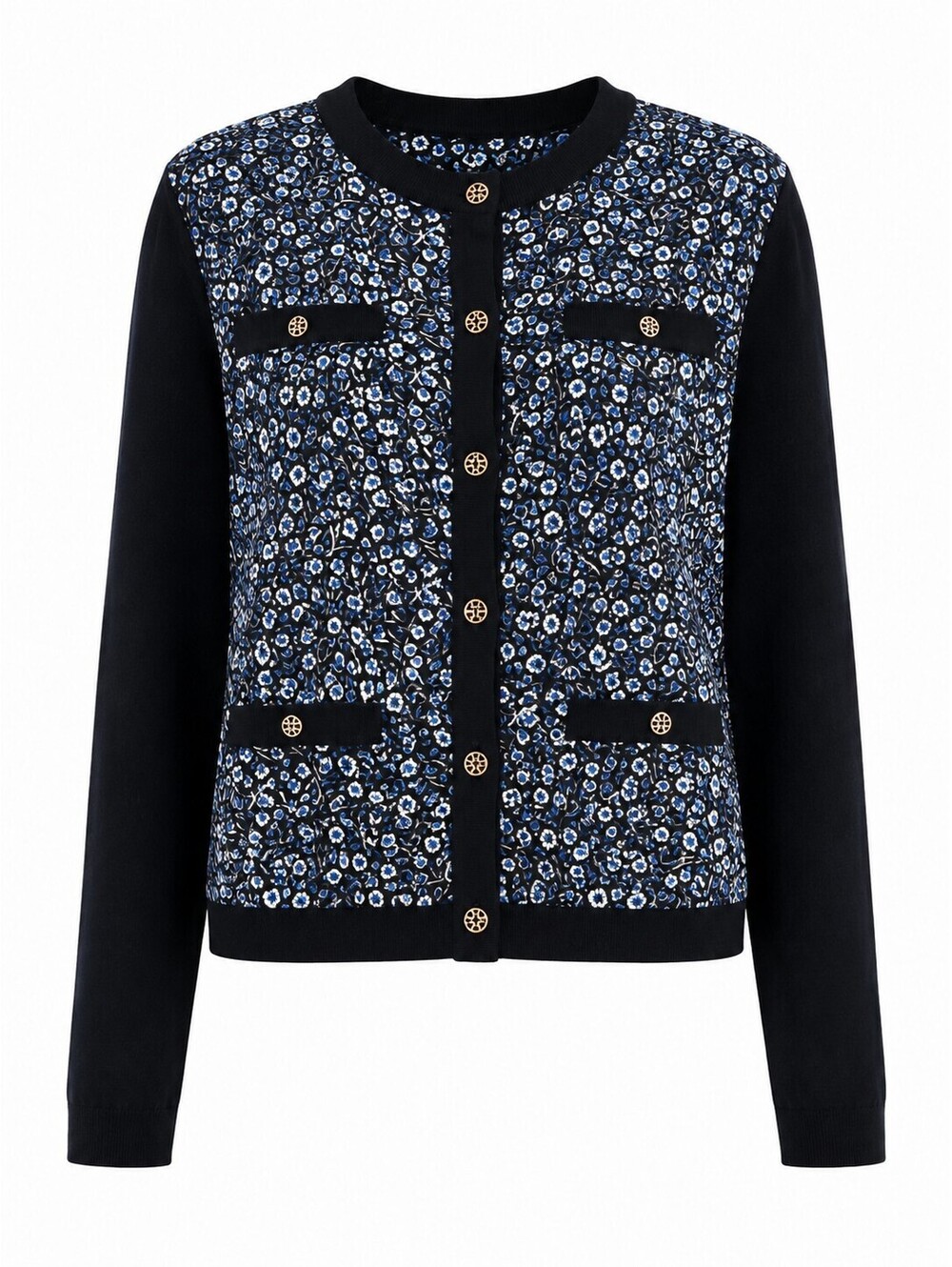 Tory Burch Silk Front Cardigan Floral Print Black Blue Gold Logo Buttons L
